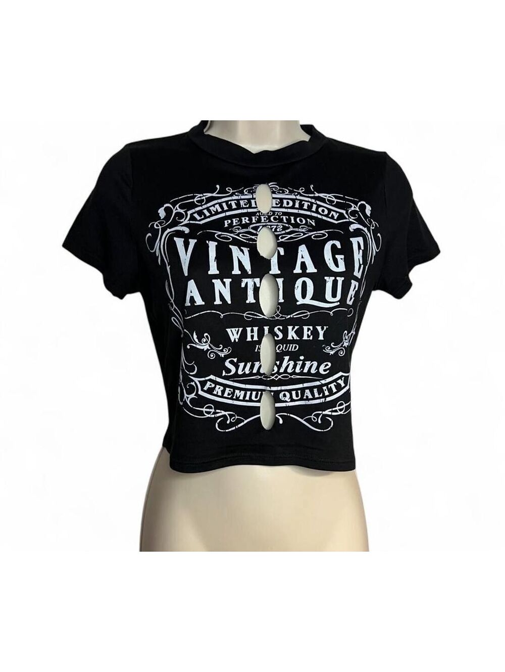 Fashion Nova Top XL Black Whiskey Label Vertical Cutout Graphic Crop Tee